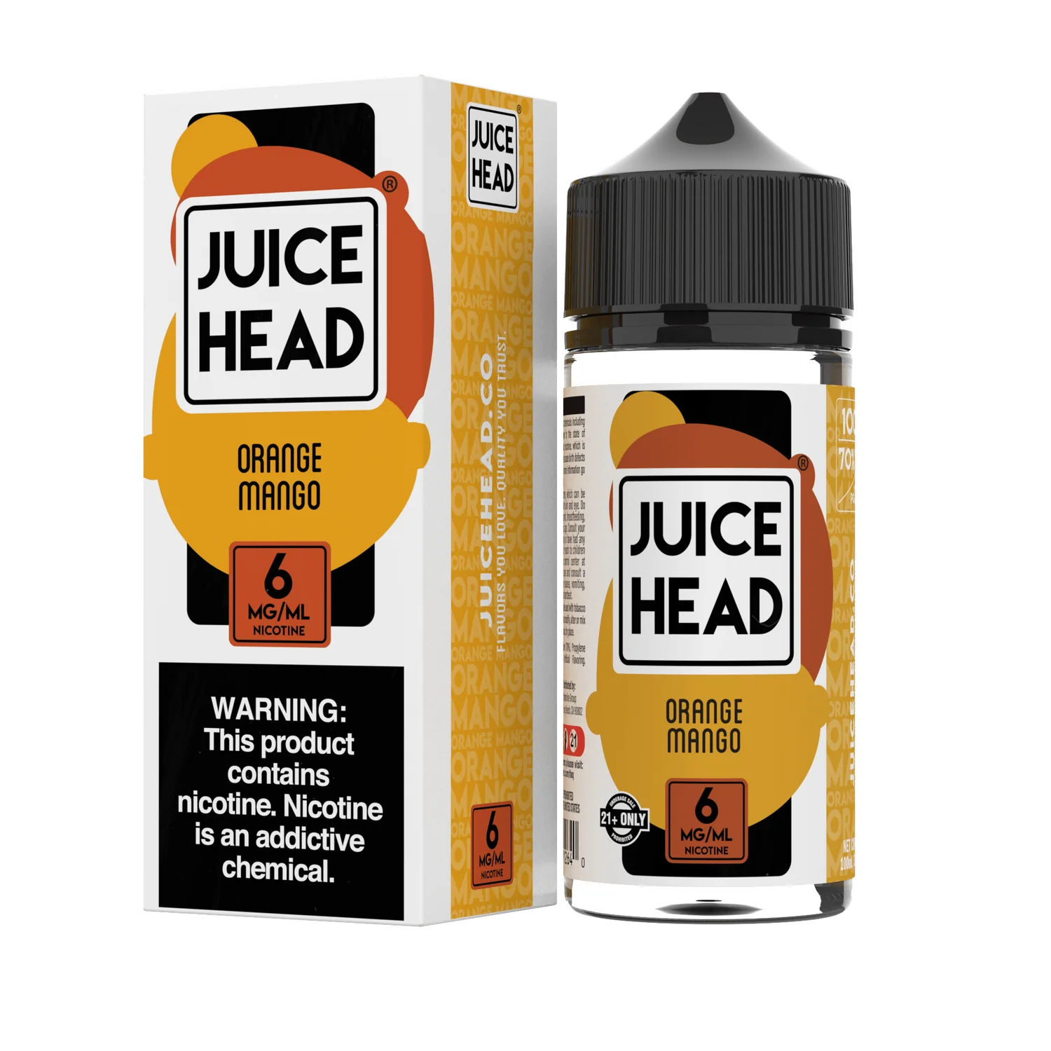 A 100ml bottle of Orange Mango Juice Head e-liquid bottle featuring orange and mango fruit artwork on the label. by Vape4Less.