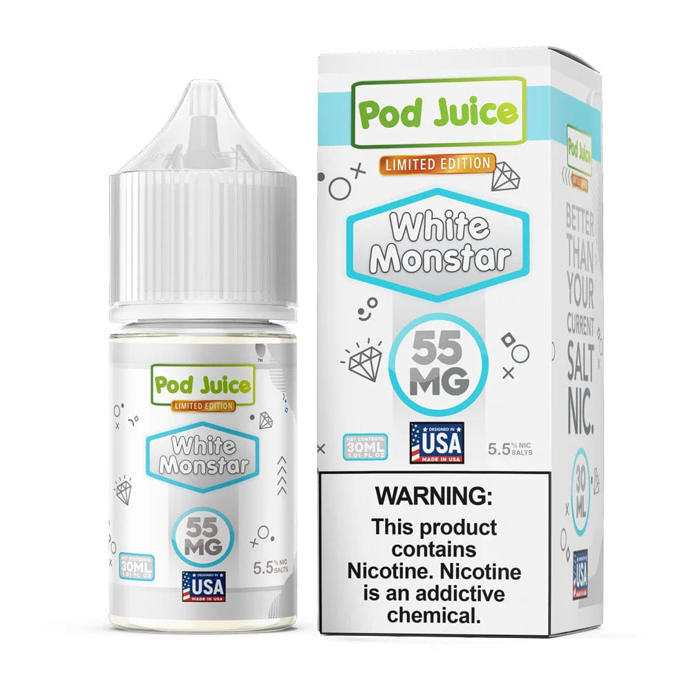 A 30ml bottle of White Monstar Pod Juice e-liquid bottle featuring clean white branding and citrus-inspired label design. by Vape4Less.