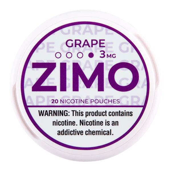 Zimo_Grape_3mg A Grape ZIMO Nicotine Pouches can featuring purple grape-themed branding and modern design. by Vape4Less.