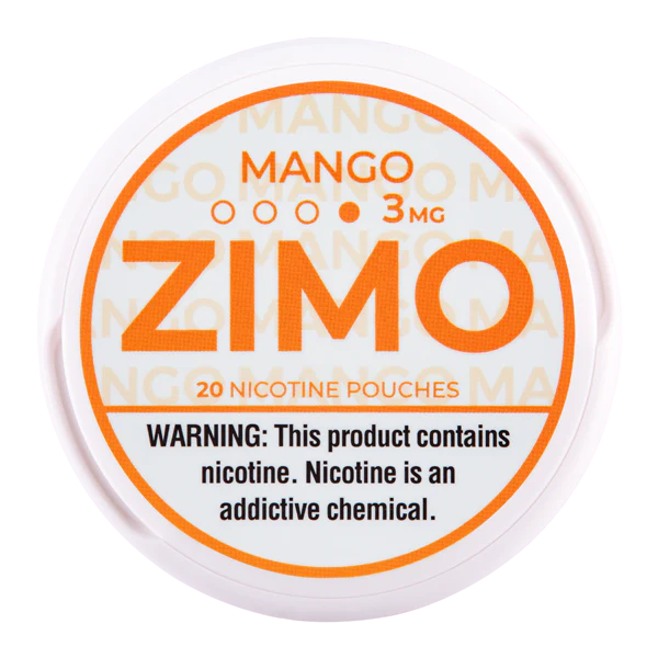 A Mango ZIMO Nicotine Pouches can featuring tropical mango-themed branding and modern design. by Vape4Less.