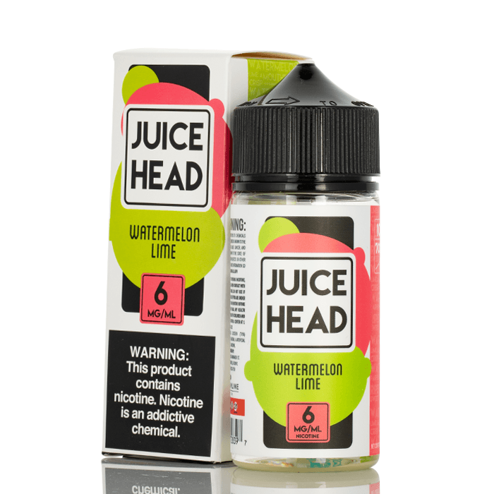 A 100ml bottle of Watermelon Lime Juice Head e-liquid bottle featuring watermelon and lime fruit artwork on the label. by Vape4Less.