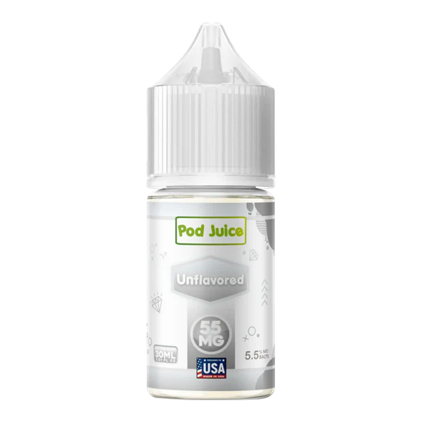 A 30ml bottle of Unflavored Pod Juice e-liquid offers a clean, flavorless nicotine salt vape designed for smooth performance in pod systems. by Vape4Less.