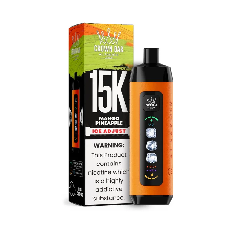 AL-Fakher-Crown-Bar-15K-Ice-Adjust-Mango-Pineapple Mango Pineapple Al Fakher Crown Bar Ice Adjust 15K disposable vape with mango and pineapple graphics and smart display on white background.