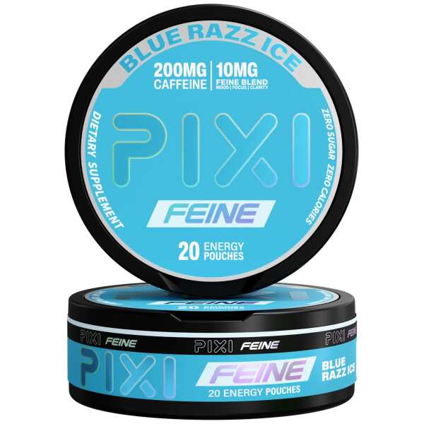 Blue Razz Ice Pixi Feine Energy Pouches can with blue raspberry graphics and icy energy pouch packaging on white background.