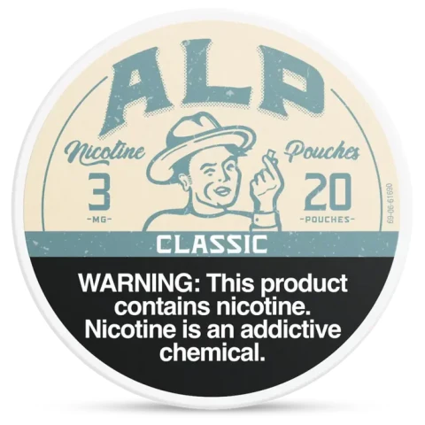 Classic ALP Nicotine Pouches can with minimal traditional-style design and slim tobacco-free pouch packaging on white background.