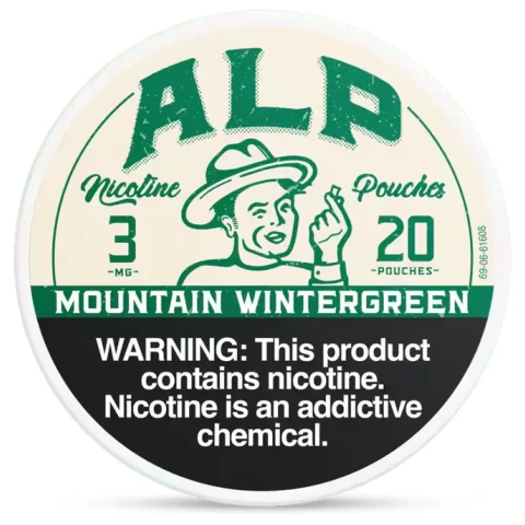 Mountain Wintergreen ALP Nicotine Pouches can with bold wintergreen mint graphics and slim tobacco-free pouch packaging on white background.