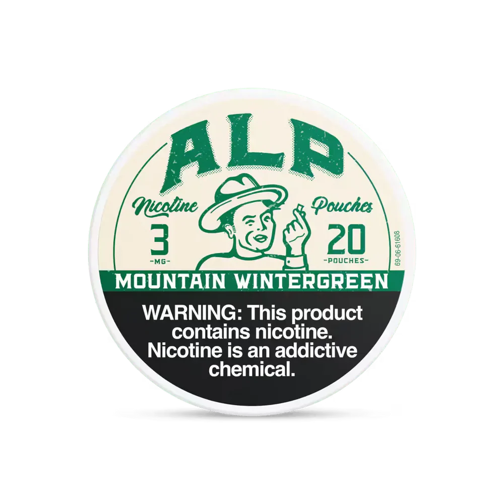 Mountain Wintergreen ALP Nicotine Pouches can with bold wintergreen mint graphics and slim tobacco-free pouch packaging on white background.