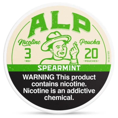 Spearmint ALP Nicotine Pouches can with soft green mint design and slim tobacco-free pouch packaging on white background.