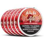 Lemon Raspberry ALP Nicotine Pouches 5 cans with lemon and raspberry-inspired design on white background.