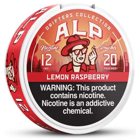 Lemon Raspberry ALP Nicotine Pouches can with lemon and raspberry-inspired design on white background.