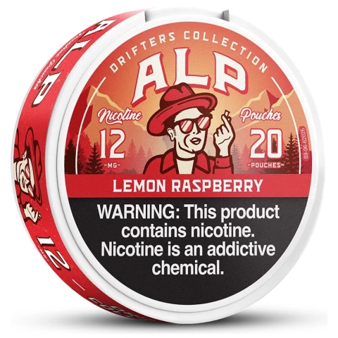 Lemon Raspberry ALP Nicotine Pouches can with lemon and raspberry-inspired design on white background.