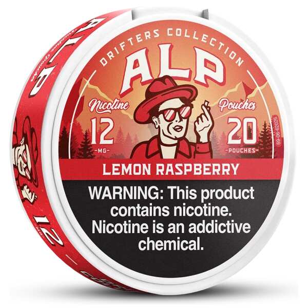 Lemon Raspberry ALP Nicotine Pouches can with lemon and raspberry-inspired design on white background.