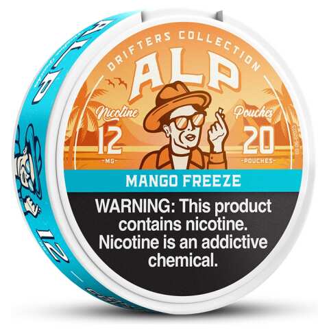 Mango Freeze ALP Nicotine Pouches can with tropical mango-inspired graphics and an icy design on white background.