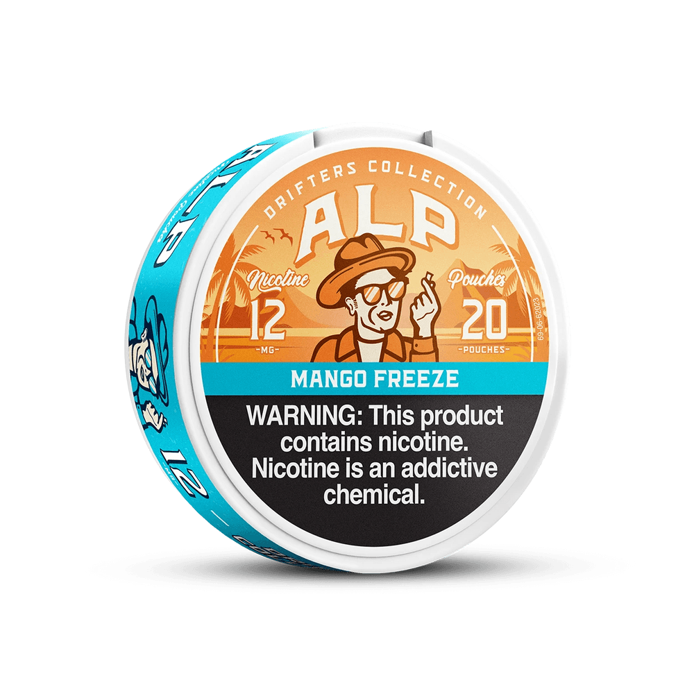 Mango Freeze ALP Nicotine Pouches can with tropical mango-inspired graphics and an icy design on white background.