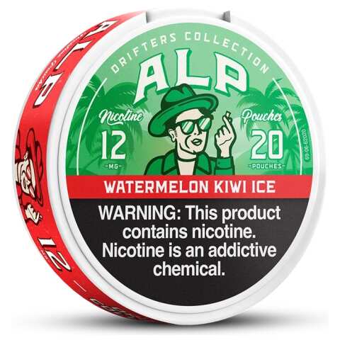 Watermelon Kiwi Ice ALP Nicotine Pouches can with watermelon and kiwi-inspired graphics and an icy design on white background.