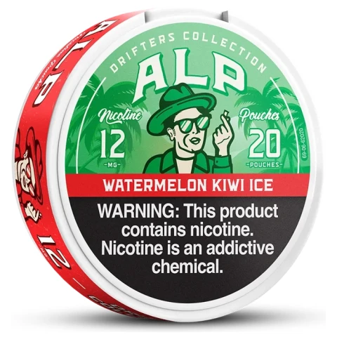 Watermelon Kiwi Ice ALP Nicotine Pouches can with watermelon and kiwi-inspired graphics and an icy design on white background.