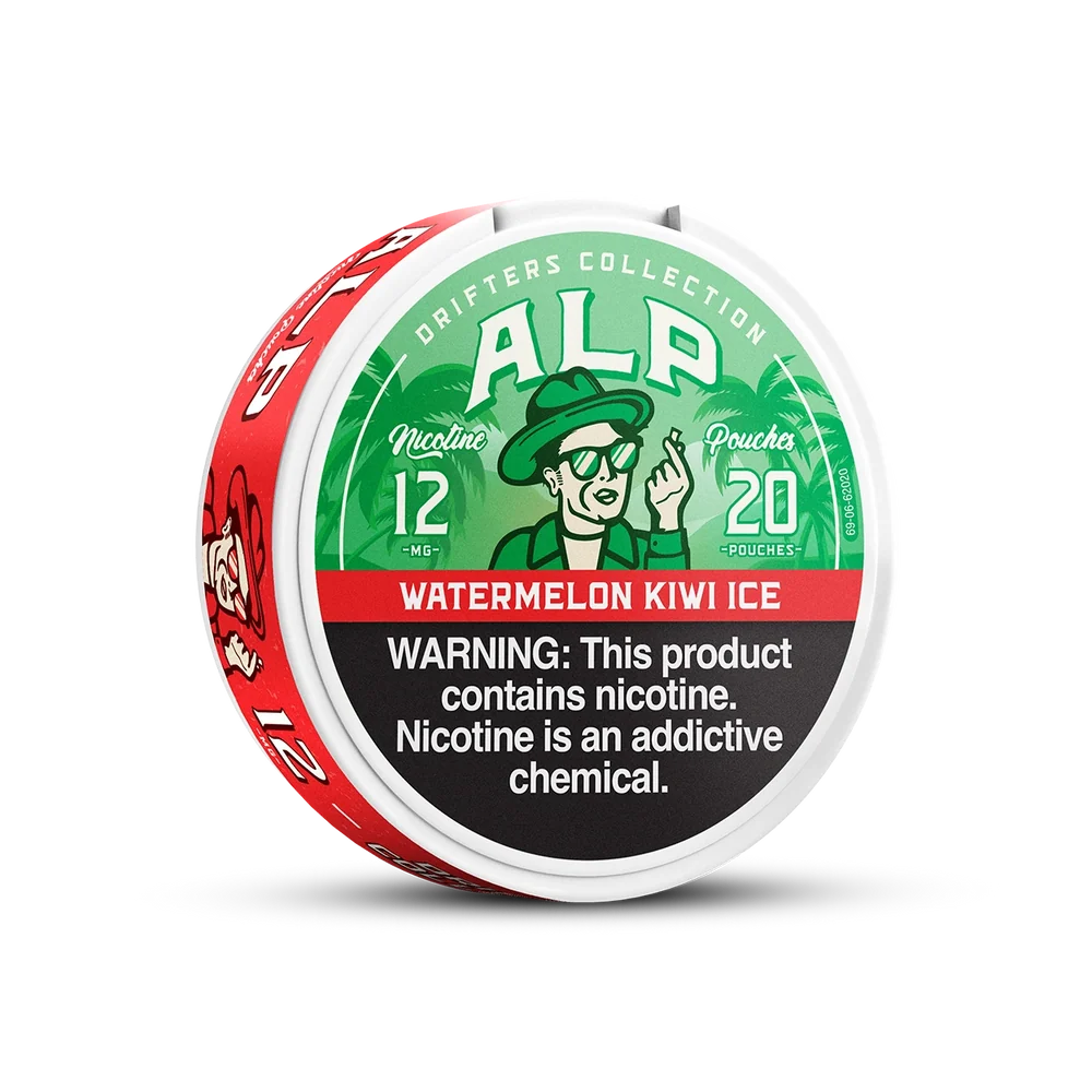 Watermelon Kiwi Ice ALP Nicotine Pouches can with watermelon and kiwi-inspired graphics and an icy design on white background.